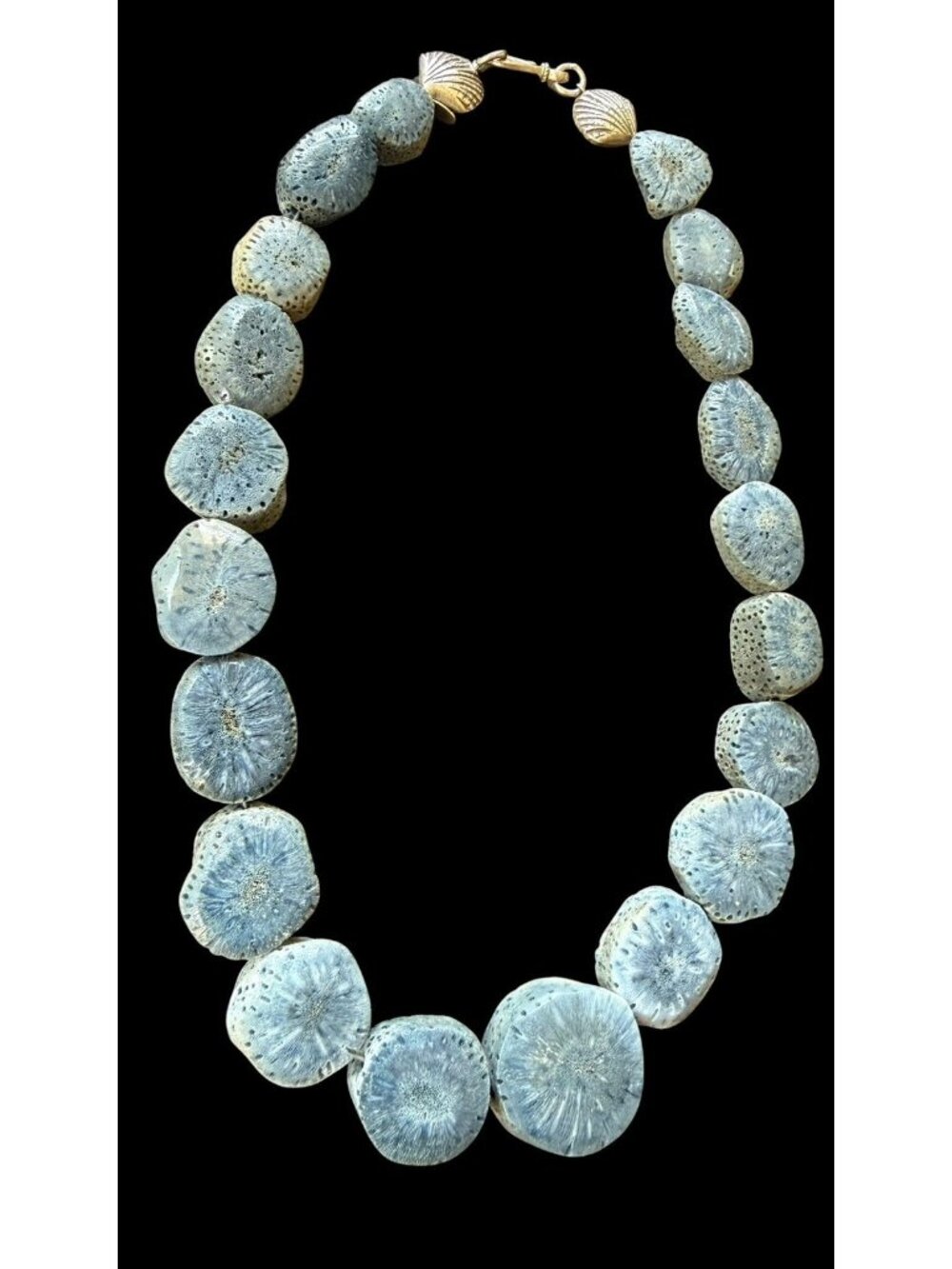 Vintage Blue Sponge Coral Beaded Necklace Sterling Silver Shell Accents